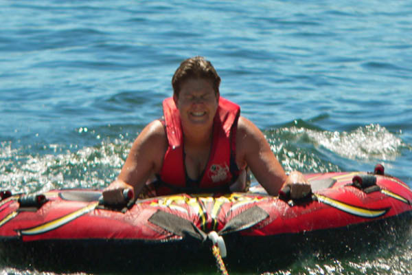 Janine braces herself for the tube ride.