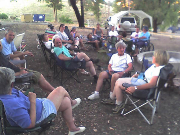 General conviviality, after the camp was set. It was warm, but not beastly hot.  Note the new dumpsters, including one for recycling.