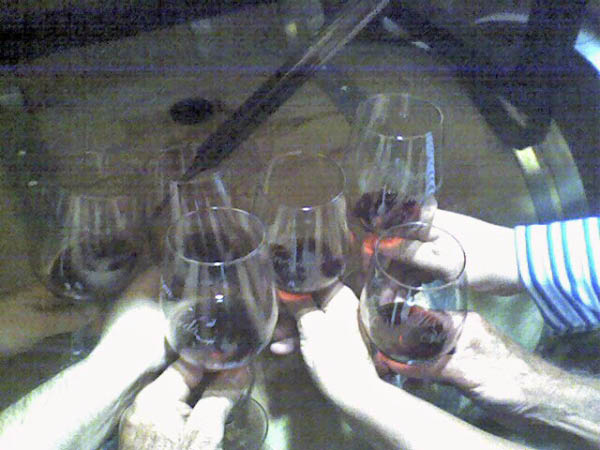 Group taste of barrelled Cab at Hansen Vinyards